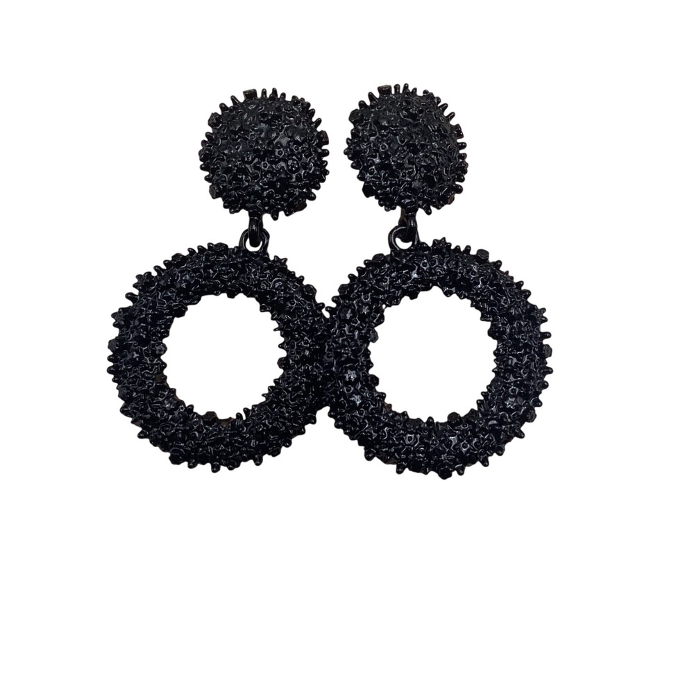 Black Textured Hoop Drop Earrings‎ Statement Round Dangle Jewelry 2 Inch